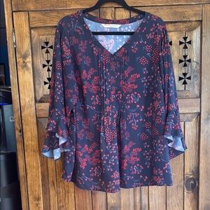 Floral V-Neck Blouse - Red and Blue